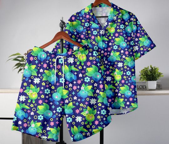 Oddish Hawaiian Shirt and Shorts Set, Tropical Button-Up Shirt