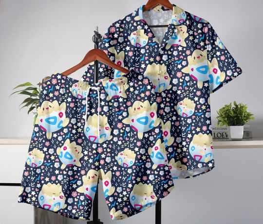 Togepi Hawaiian Shirt & Summer Shorts Set, Tropical Button-Up, Vacation & Birthday Gift