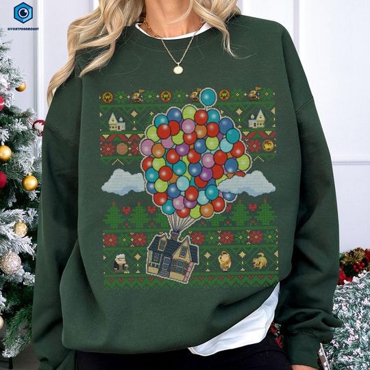 Discover Pixar Up Ugly Christmas Sweatshirt, Up Movie Christmas Ugly Sweater, Up House Xmas Shirt, Up Balloons, Disneyland Christmas