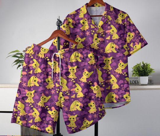 Mimikyu Hawaiian Shirt Tropical Button-Up Summer Shirt with Shorts Set
