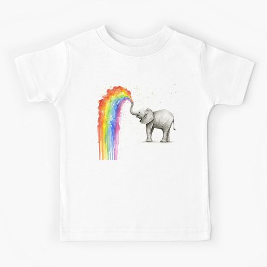 Discover Baby Elephant Spraying Rainbow Kids T-Shirt