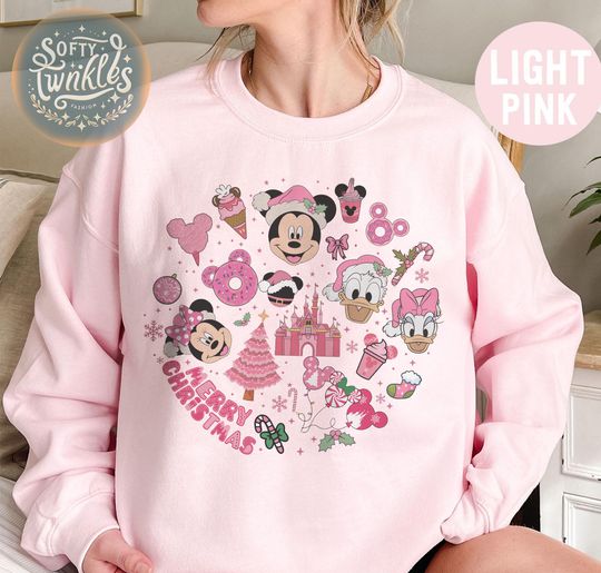 Discover Retro Disney Christmas Pink Shirt, Merry Christmas Gift For Disney Lovers Disney Christmas Sweatshirt, Mickey And Friends Christmas Party