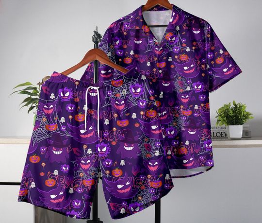 Gengar Hawaiian Shirt and Shorts Set,Summer Beachwear, Spooky Gengar Outfit