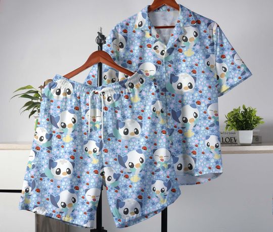 Oshawott Hawaiian Shirt and Shorts Set, Tropical Button-Up Beach Outfit, Summer Vacation & Party Wear