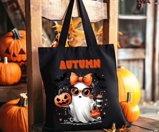 Discover Personalized Trick or Treat Tote Bag, Halloween Bag for Trick or Treating, Cute Girl Ghost with Bow, Custom Name for Kids, Bag for Candy