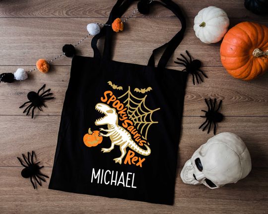 Discover Dinosaur Skeleton  Trick Or Treat Bag, Kids Candy Bag, Personalized Halloween Tote Bag