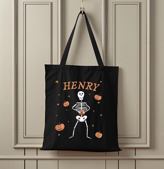 Discover Personalized Skeleton Trick or Treat Bag For Halloween Spooky Skeleton Tote For Kids  Halloween Book Bag With Custom Name For Kids Pumpkin