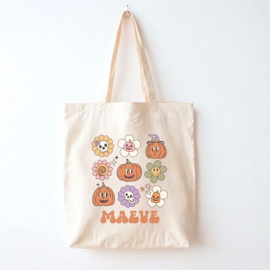 Discover Personalized Trick or Treat Bag, Custom Name Halloween Bag, Retro Halloween Tote, Kids Candy Bag with Name, Custom Trick-or-Treat Tote Bag