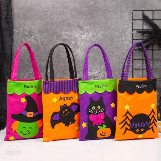 Candy Bag with Name Trick or Treat Bags Halloween Party Goodie Bag Customized Embroidered Felt Tote Bag for Kid Pumpkin Skeleton Ghost