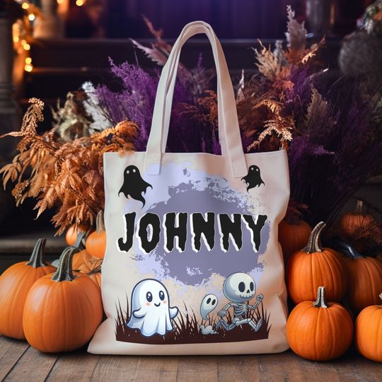 Discover Trick-Or-Treat Bag, Custom Name, Personalized Halloween Tote Bag, Witchy Black Cat, Jack-O-Lantern, Ghost Canvas Bag, Trick Treat Goodie Bag