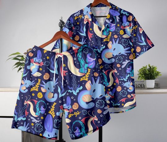 Discover Mudkip and Horsea Hawaiian Shirt, Summer Button Up Shirt and Shorts Set, Tropical Beach Outfit, Funny Vacation Wear, Mudkip Shirt Gifts