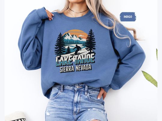 Discover Retro Lake Tahoe Sierra Nevada Skiing Sweatshirt, Vintage Mountain Adventure Crewneck Jumper Outdoor Retro Apparel Souvenir Gift for Skiers,