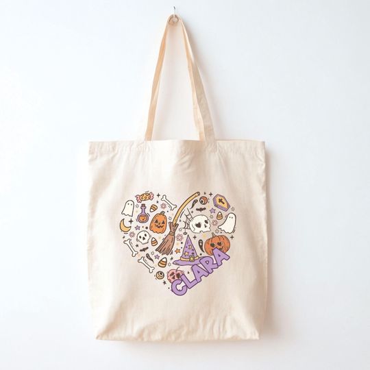 Discover Personalized Trick or Treat Bag, Custom Name Halloween Bag, Heart Halloween Tote, Kids Candy Bag with Name, Custom Trick-or-Treat Tote Bag