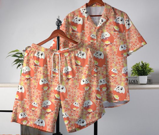 Fuecoco Hawaiian Shirt and Shorts Set Tropical Button-Up Unisex Summer Hawaii