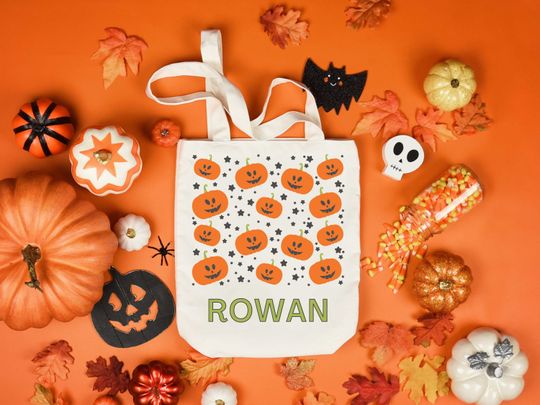 Discover Custom Trick or Treat Bag | Halloween Trick or Treat Tote Bag | Pumpkin Name Tote | Personalized Trick or Treat Bucket