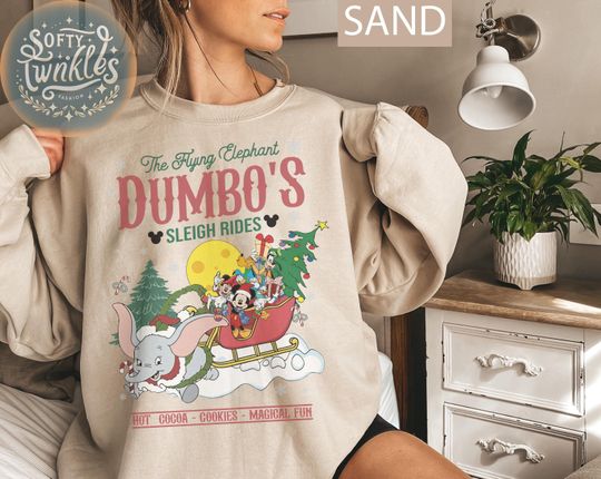 Discover Vintage The Flying Elephant Dumbo's Sleigh Rides Christmas shirt, Mickey & Friends Christmas Sweatshirt, WDW Disneyland Family Trip Shirts