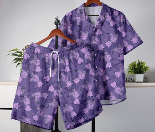 Mimikyu Hawaiian Shirt, Purple Button-Up Shirt, Summer Shorts Set, Tropical Beach Outfit