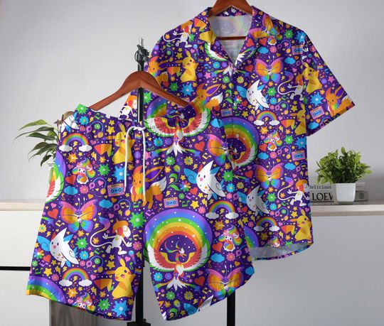 Discover Pika Hawaiian Shirt, Ho-oh Tropical Button Up Shirt, Funny Summer Shorts Set, Purple Beach Outfit, Pika Shirt Gift