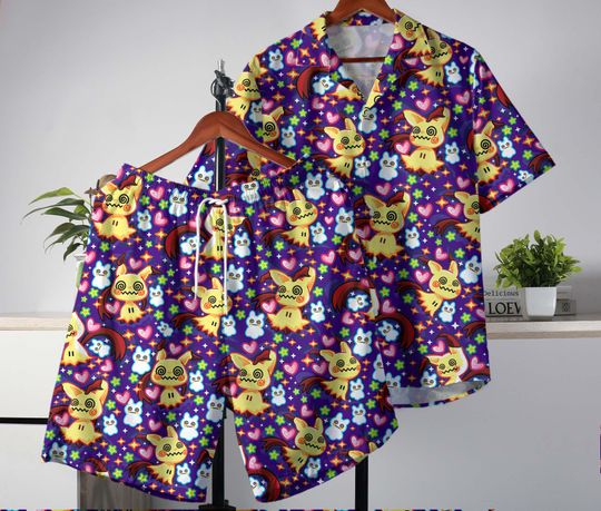 Mimikyu Hawaiian Shirt and Shorts Set, Tropical Button-up, Summer Beachwear