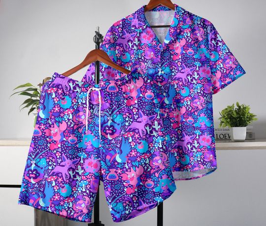 Espeon and Cosmog Hawaiian Shirt & Shorts Set, Colorful Summer Outfit, Beachwear Gift