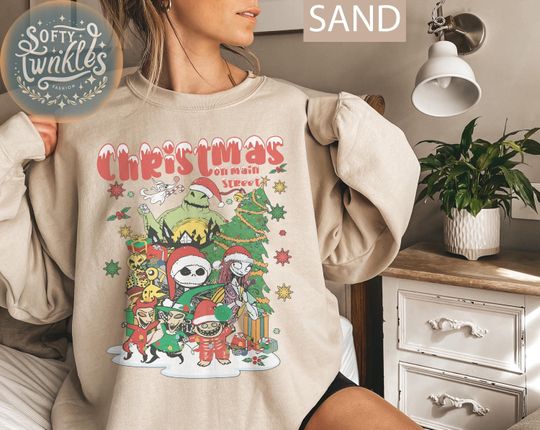 Discover Vintage Retro Disney The Nightmare Before Christmas Sweatshirts, Jack Skellington Christmas Lights, Oogie Boogie Christmas on Main Street Shirt