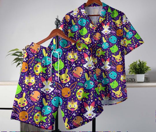 Bulbasaur Squirtle Hawaiian Shirt and Shorts Set, Tropical Button-Up, Summer Beachwear