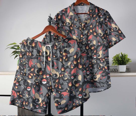 Charmander Charizard Hawaiian Shirt and Shorts Set, Fire Dragon Summer Outfit