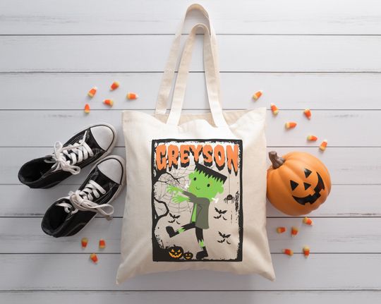 Discover Custom trick or treat bag Cute Frankenstein Pumpkin Tote Bag Halloween Candy Gift Personalized goodie bags Customization Trick-or-Treat kids