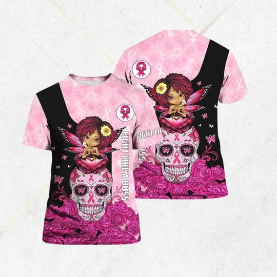 Breast Cancer Awareness T-Shirt Pink Ribbon Sugar Skull Fairy Wings Roses