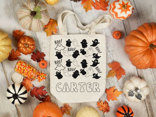 Discover Ghost Trick or Treat Bag | Halloween Trick or Treat Tote Bag | Cute Ghost Name Tote | Personalized Trick or Treat Bucket