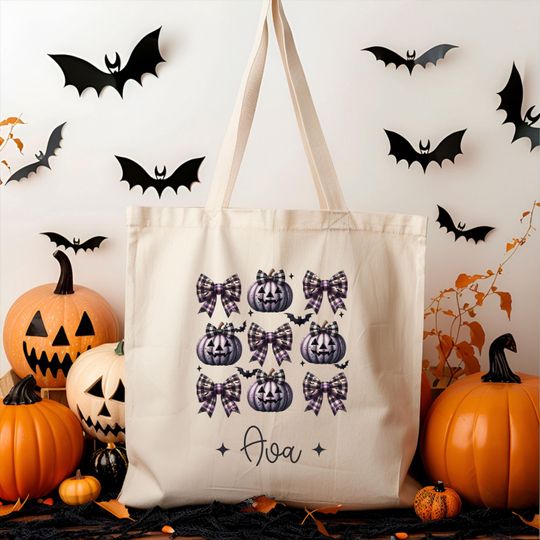 Discover Personalized Trick or Treat Bag, Custom Name Halloween Bag, Coquette Halloween Tote, Kids Candy Bag with Name, Custom Trick or Treat Bag