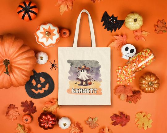 Discover Cowboy Ghost Trick or Treat Goodie Bag, Canvas Tote Bag, Halloween Candy Gift, Personalized Custom Customizable, Trick-or-Treat, Kids Name