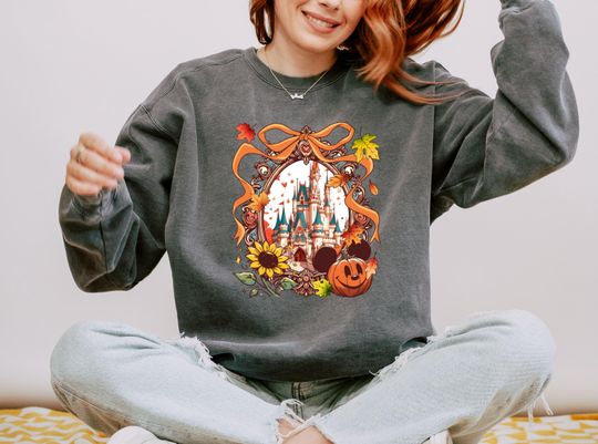 Discover Magic Kingdom Halloween Sweatshirt, Coquette Bow Disney Castle Halloween Sweater, Disneyland Coquette Halloween Sweatshirt