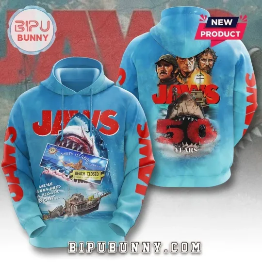 Jaws 50th Anniversary 1975-2025 3D Hoodie Jaws Shark Horror Movie
