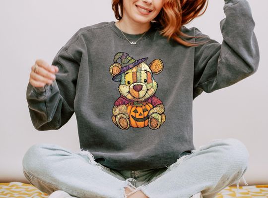 Retro Winnie The Pooh Sweatshirt, Patchwork Pooh Bear Sweatshirt, Disney Fall, Halloween Pumpkins Pooh Sweatshirt