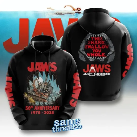 Jaws 50th Anniversary 1975-2025 3D Hoodie Jaws Shark Horror Movie