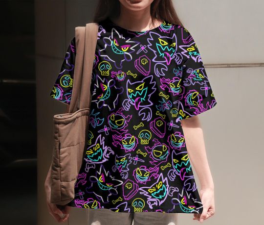 Gengar T-Shirt, Cute Graphic Tee, Funny Summer Tshirt, Vintage Unisex Shirt, Neon Aesthetic Top, Beach Outfit, Gengar Shirt Gifts