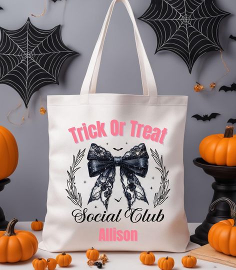 Custom Trick or Treat Bag for kids for Halloween Candy Bucket, Halloween Tote with Bow Coquette Aesthetic, Personalized Favor Bags for Party