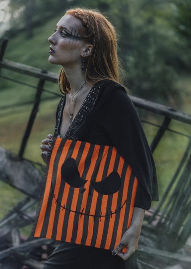 Discover Halloween Striped Tote Bag, Spooky Season, Reusable Grocery, Market, Trick or Treat Candy, Small, Medium, Large, Jack O Lantern, Pumpkin