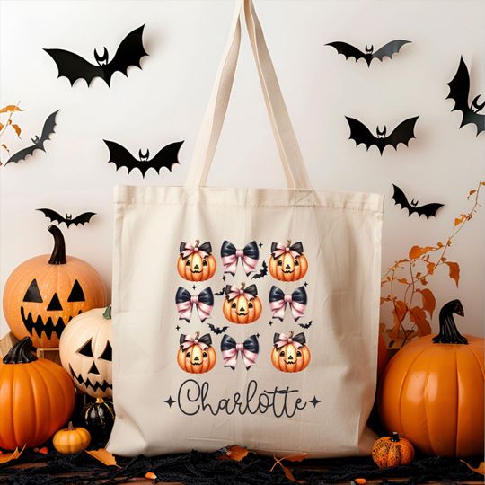 Discover Personalized Trick or Treat Bag, Custom Name Halloween Bag, Coquette Halloween Tote, Kids Candy Bag with Name, Custom Trick or Treat Bag