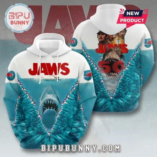 Jaws 50th Anniversary 1975-2025 3D Hoodie Jaws Shark Horror Movie