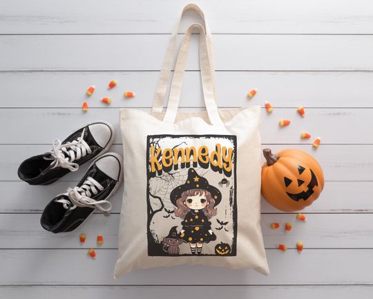 Discover Custom trick or treat bag Cute Witch Pumpkin Canvas Tote Bag Halloween Candy Gift Personalized Cat totebag Customization Trick-or-Treat kids
