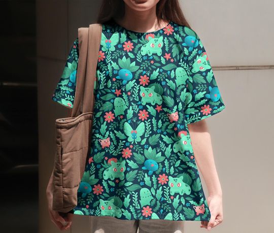 Bulbasaur and Oddish 3D T-Shirt, Floral Graphic Tee, Summer Casual Vintage Unisex T-Shirt