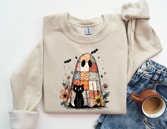 Discover Ghost And Cat Sweatshirt, Cute Ghost Sweatshirt, Floral Ghost Sweatshirt, Halloween Cat Sweatshirt, Halloween Gift, Spooky Sweater