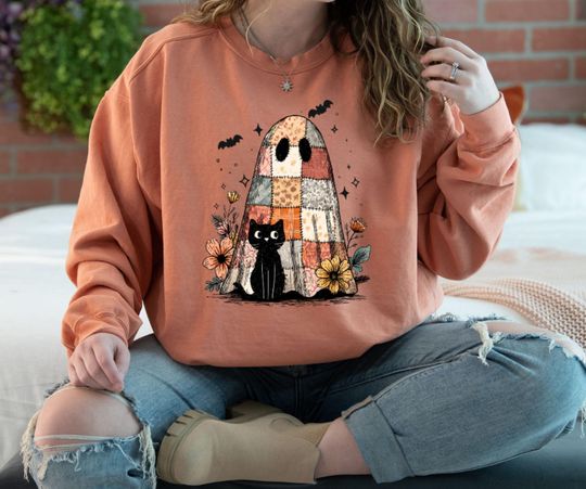 Discover Floral Ghost Sweatshirt, Ghost And Cat Sweatshirt, Halloween Gift, Halloween Cat Sweatshirt