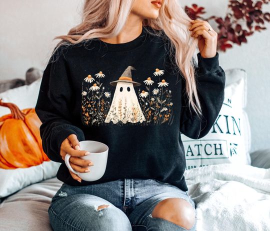 Discover Cute Ghost Sweatshirt, Retro Halloween Sweatshirt, Ghost In Wildflowers Sweatshirt, Spooky Sweatshirt, Ghost Halloween Sweatshirt