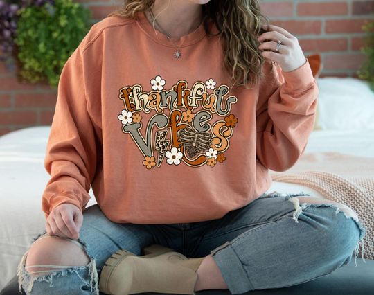 Discover Floral Thanksgiving Sweatshirt, Thankful Vibes Sweatshirt, Fall Hoodie, Happy Thanksgiving, Skeleton Thankful Sweatshirt