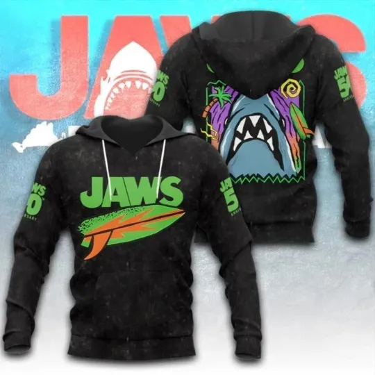 Jaws 3D Black Polyester Hoodie for Unisex