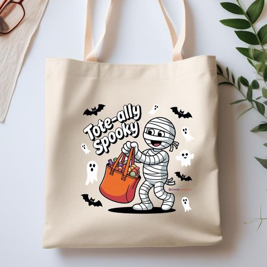 Discover Tote-ally Spooky Mummy Tote Bag, Cute Halloween Candy Bag, Trick or Treat Tote, Funny Ghost Bat Canvas Bag, Kids Fall Gift Bag