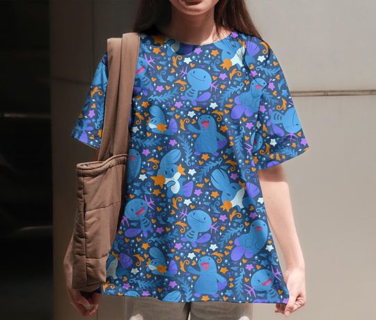 Discover Cute Wooper and Quagsire 3D T-Shirt, Kawaii Blue Axolotl Graphic Tee